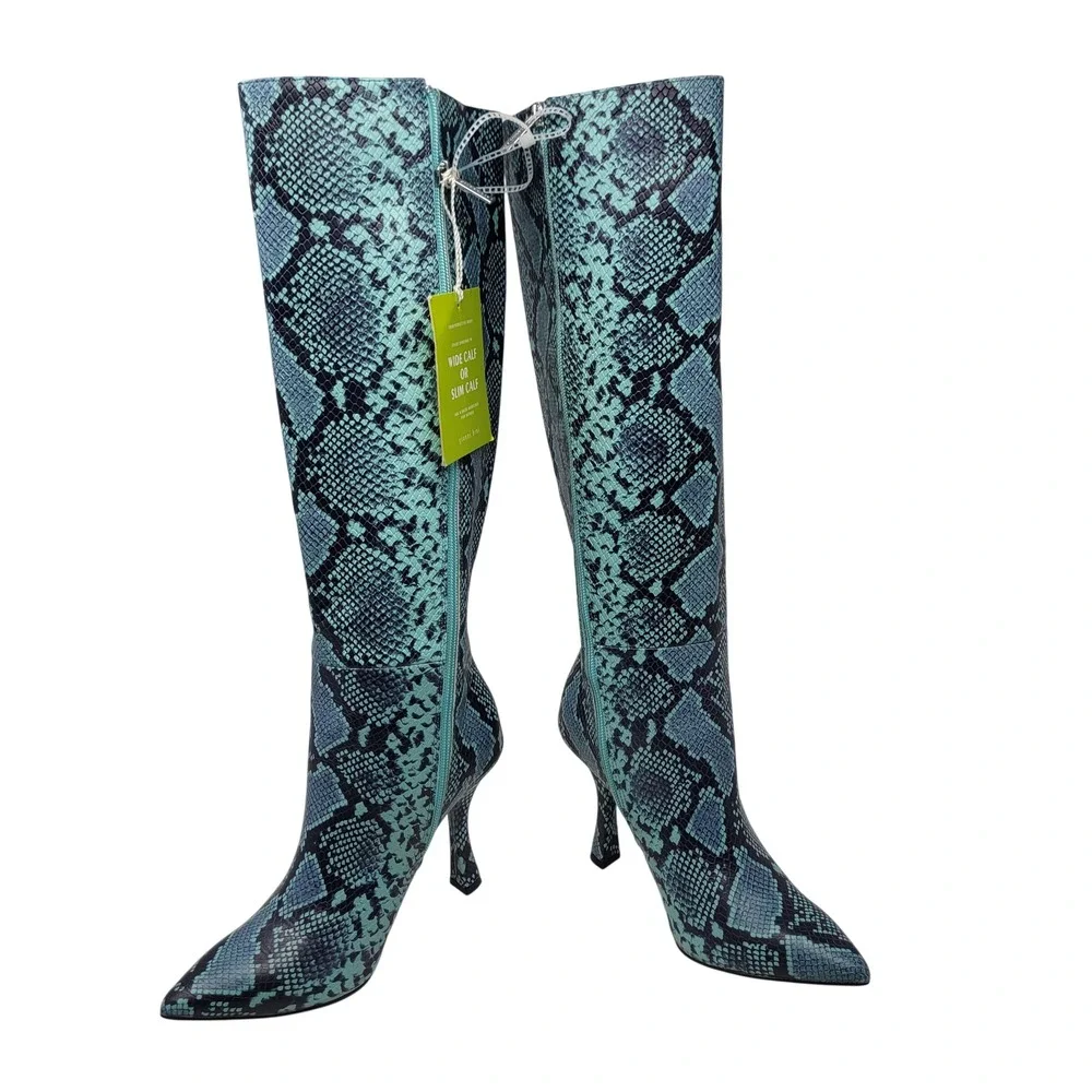 Gianni Bini Punk Lennoxe Teal Waters Snake Print Leather Tall Boots Calf 8M NEW - Picture 1 of 16